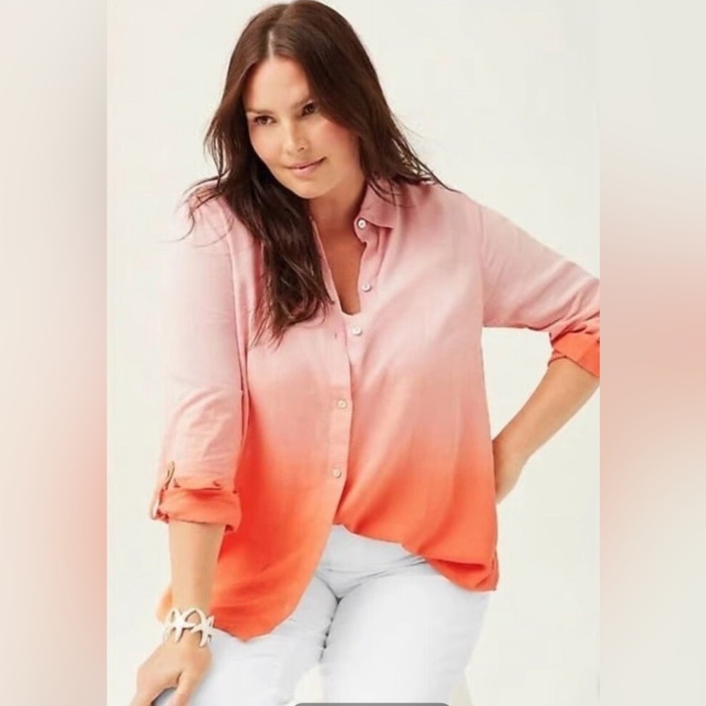 J. Jill Nwt Linen Blend Pink & Orange Ombre Long Sleeve Button Down Shirt Xs